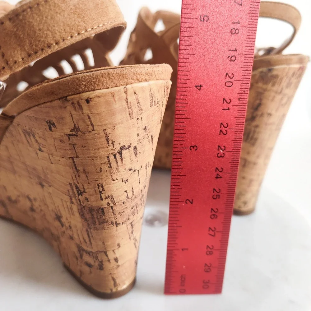 Franco Sarto Sandals Size 9.5 Wedge Platform‎ Shea Tan Faux Suede Laser Cut Cork